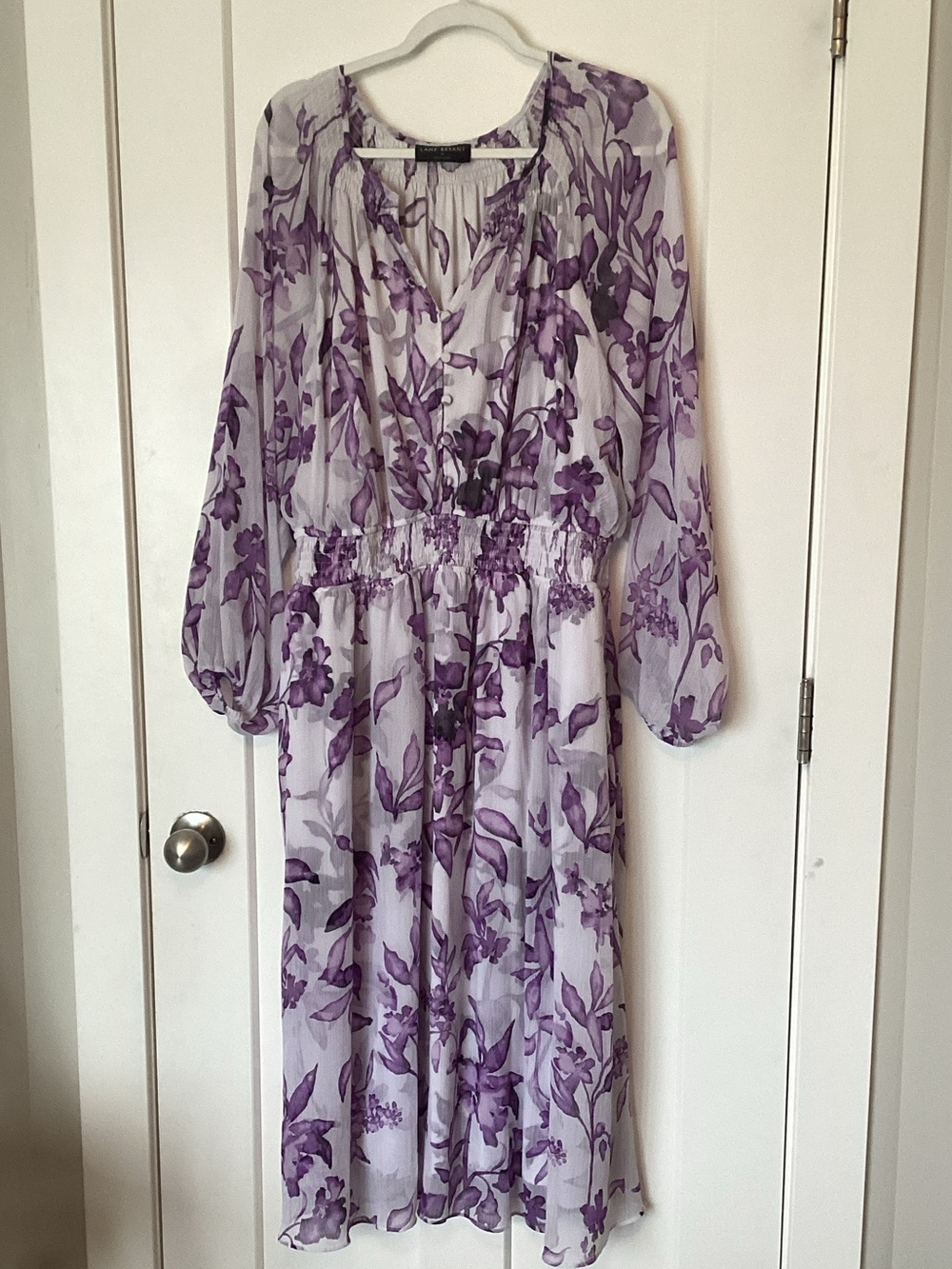 Lane Bryant Purple Floral Midi Dress with Sheer Long Sleeves